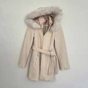 Guess Los Angeles Wool Blend Faux Fur Trim Belted Coat In Cream Size Small